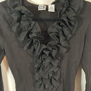 WR Black Ruffle Ribbed Top Zipper Detail Silk Blend Size Medium